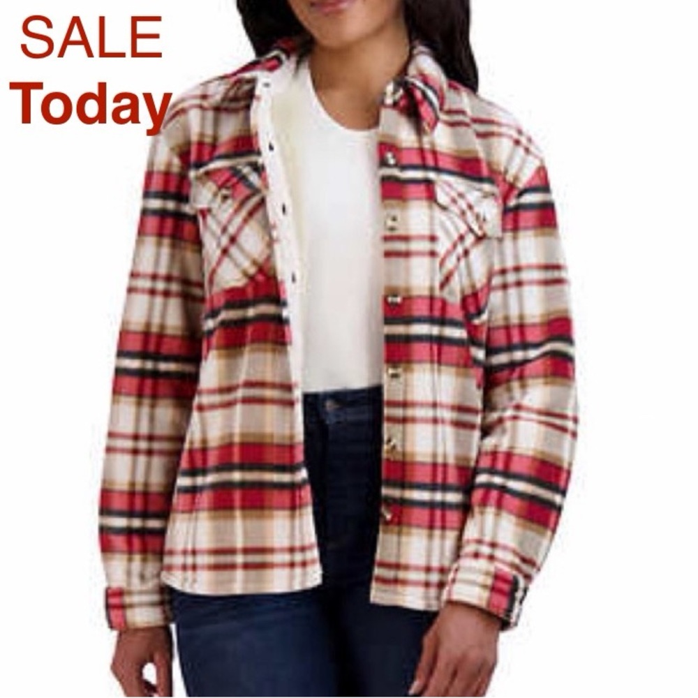 Country Western style shirt jacket sherpa lined inside  plaid red white jacket